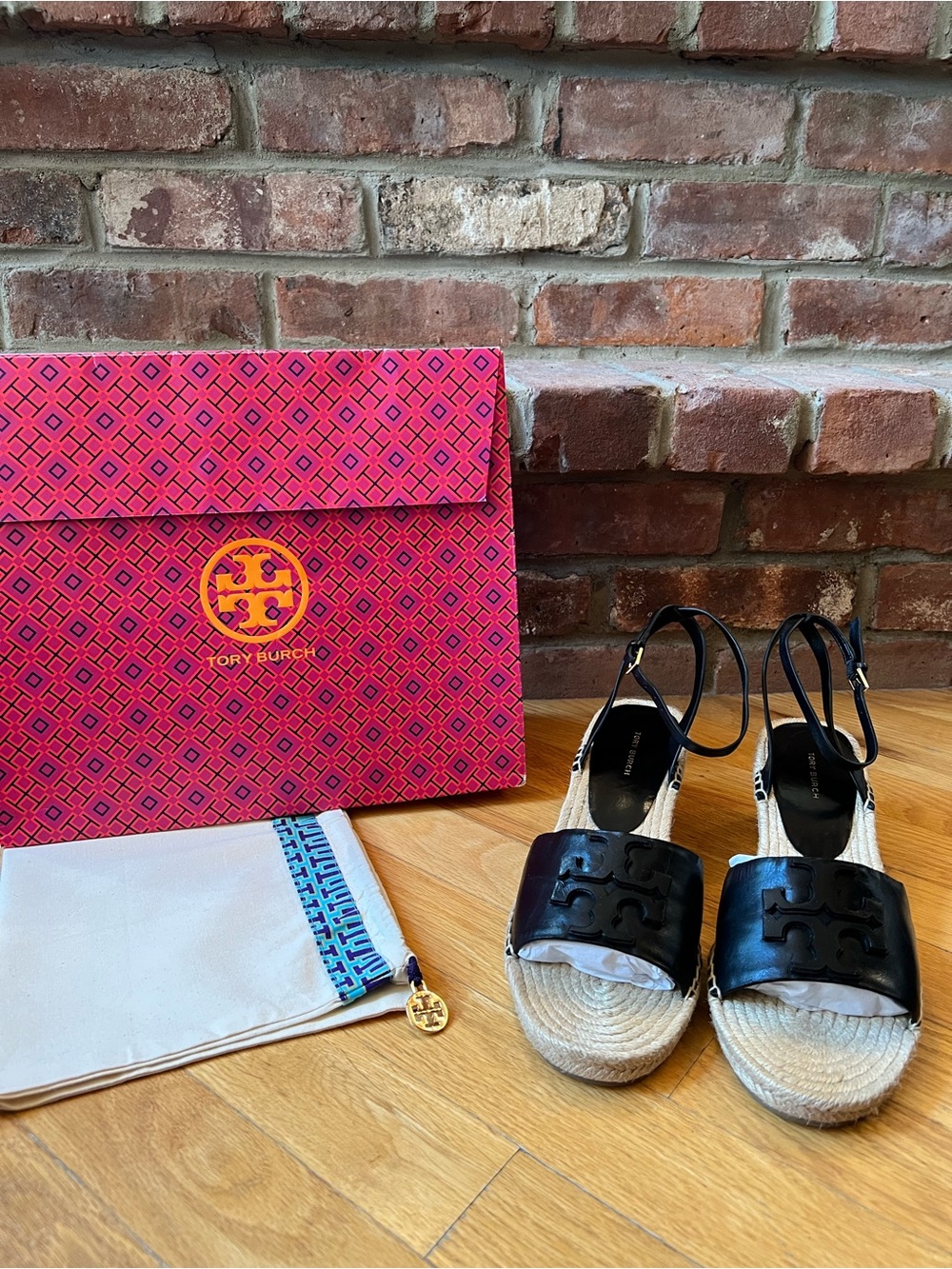 Tory Burch Black Ines Espadrille Wedge Sandals 50MM